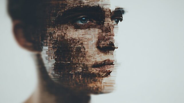 A digital portrait merging a human face with abstract pixelated fragments, symbolizing the fusion of identity and technology.