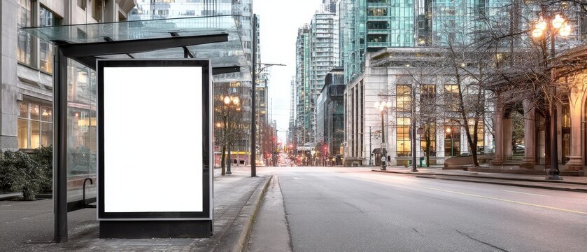 Blank Billboard at Bus Stop in Urban Setting Daytime Eye-Level Shot in Vancouver British Columbia Canada