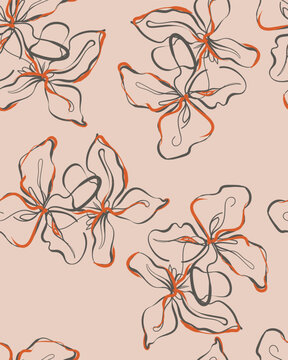 Floral Pattern Design: Delicate, hand-drawn floral motifs in shades of charcoal and burnt orange bloom across a soft, muted background, creating an elegant and artistic seamless pattern. 