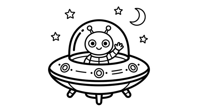 Cute cartoon alien waving from inside a flying saucer spaceship with stars and moon in the background