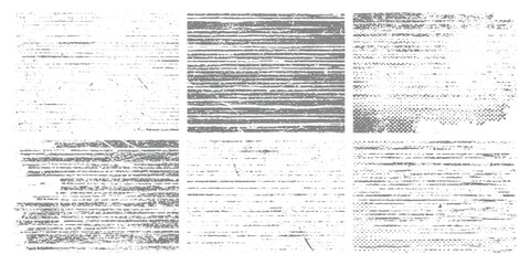 A grid of set grayscale panels filled with abstract glitch textures, horizontal noise lines, and distorted static patterns, minimalistic and digital art style. © VISION BLOOM