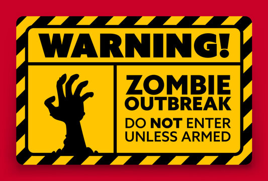 Zombie outbreak warning sign with red, yellow and black colors featuring silhouette of zombie hand. Vector danger symbol for Halloween horror party, laboratory safety posters, quarantine zone graphics