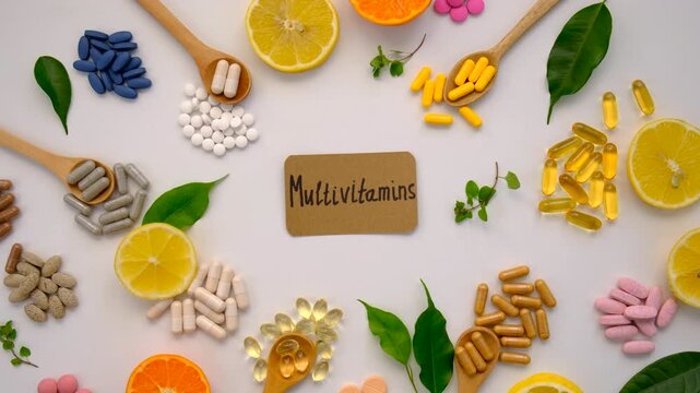 Various tablets and capsules, supplements and vitamins. Selective focus.