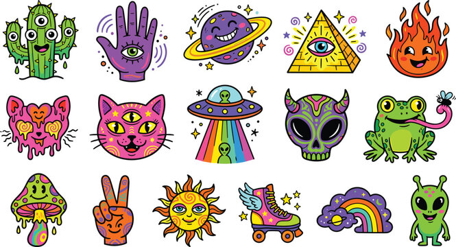 Trippy Psychedelic Sticker Set with Cactus Hand Planet Fire Cat Alien UFO Frog Mushroom Sun Rainbow Vector Illustration Collection