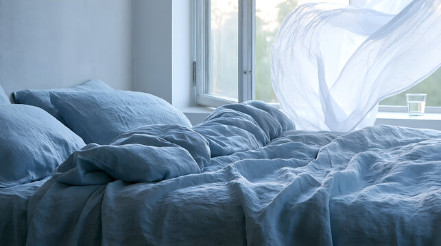 Cool linen bedding and an open window in the early blue dawn