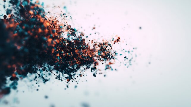 A dynamic abstract composition of interconnected particles and lines forming a complex, web-like structure with a gradient of dark and warm colors on a light background.