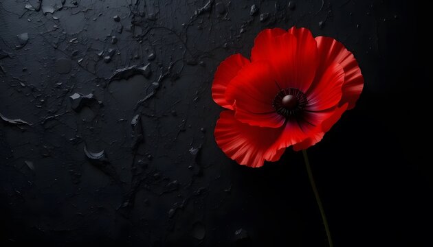 Single red poppy flower against a textured black background, symbol of remembrance.