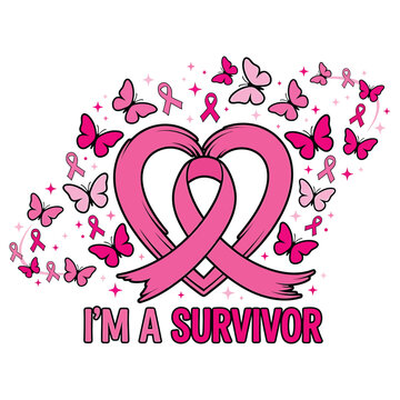 Breast cancer awareness halloween vector design featuring a pink ribbon heart and butterflies with the inspirational text i am a survivor