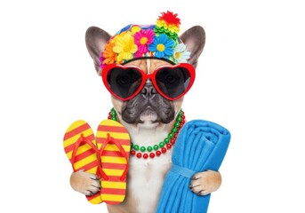 Fototapeta premium A french bulldog wearing sunglasses and a floral headband holding flip flops and a towel isolated on white background