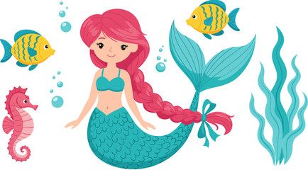 Cute mermaid with pink hair and teal tail swimming underwater with colorful fish seahorse bubbles and blue seaweed vector illustration.  © Ahsan