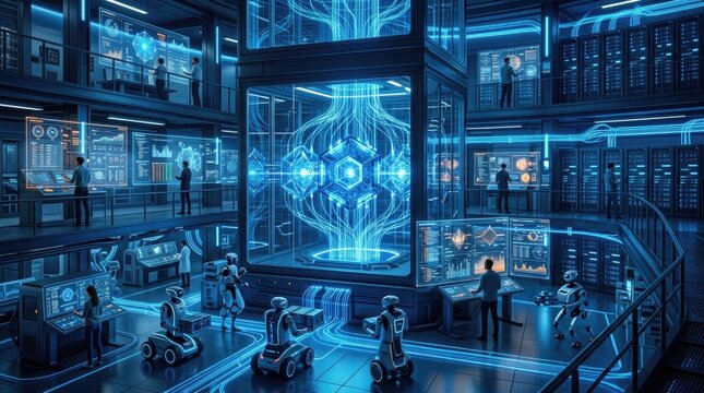 Futuristic high tech science laboratory with central glowing quantum computer energy core server racks scientists and robots working in control center