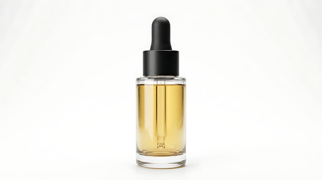 A transparent glass dropper bottle filled with golden amber liquid serum standing upright against a white background.
