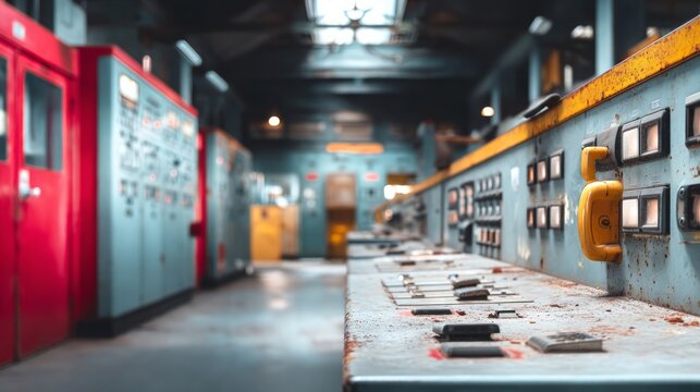 Industrial control panel with switches and dials in factory interior setting