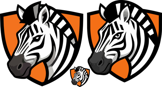 Zebra mascot logo vector, fierce animal head on orange shield, sports team emblem with black and white stripes, wildlife character illustration