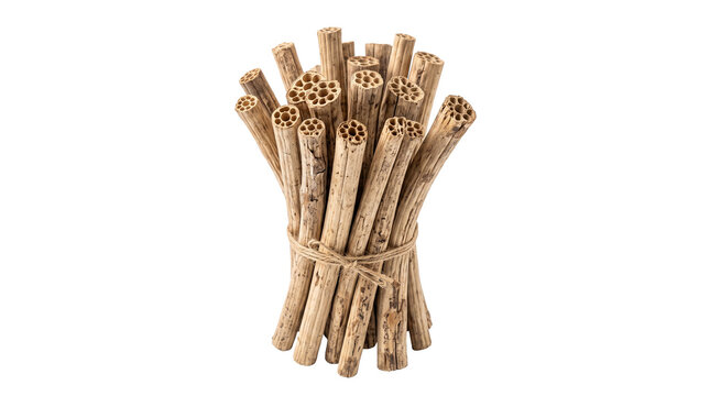 Neatly tied bundle of dried porous lotus plant stems bound together with a rustic jute string