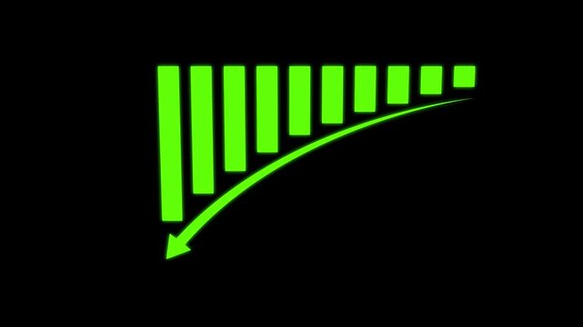 Green bar chart with downward trend arrow animation on black background, financial loss or market decline concept