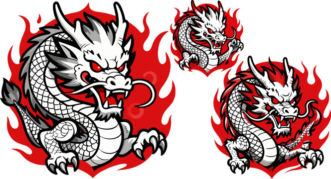 Japanese dragon mascot vector set, fierce red and white oriental dragon illustrations, traditional asian mythical creature icons for gaming and sports
