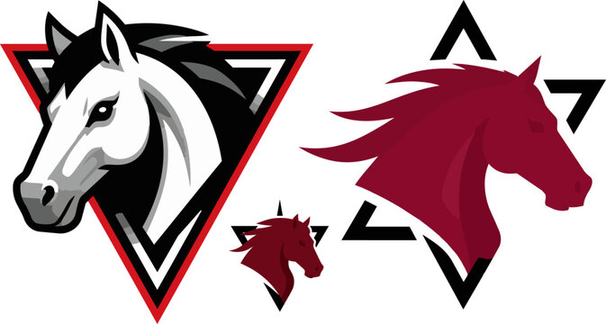 Aggressive horse head mascot vector set, sports team stallion logo with triangle frame, maroon and white equine emblems for gaming and branding