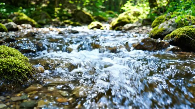 Crystal clear mountain stream flowing over mossy rocks in lush forest, serene nature background, for meditation and relaxation