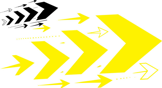 Dynamic yellow and black arrows vector, fast motion graphic elements, abstract speed direction pointers for business progress and growth