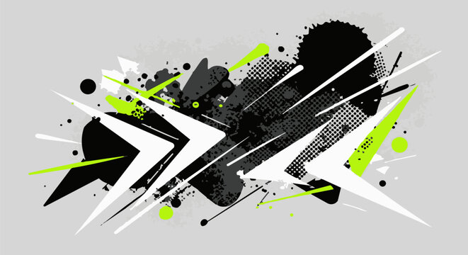 Abstract graffiti background with geometric arrows and paint splatters, urban grunge vector illustration, dynamic lime green and black street art