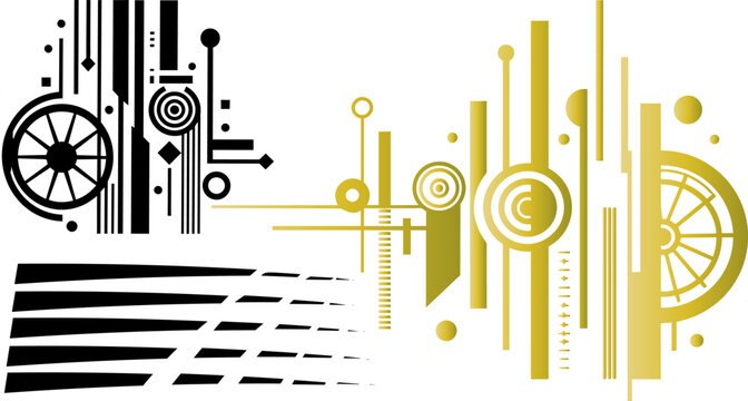 Abstract geometric tech elements, gold and black mechanical circuit patterns, futuristic industrial vector graphics for luxury branding and technology design