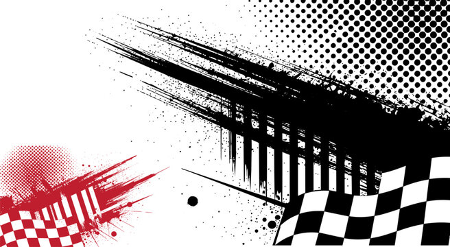 Racing checkered flag background with grunge speed lines, dynamic black and red motion streaks, automotive sports vector illustration for banners