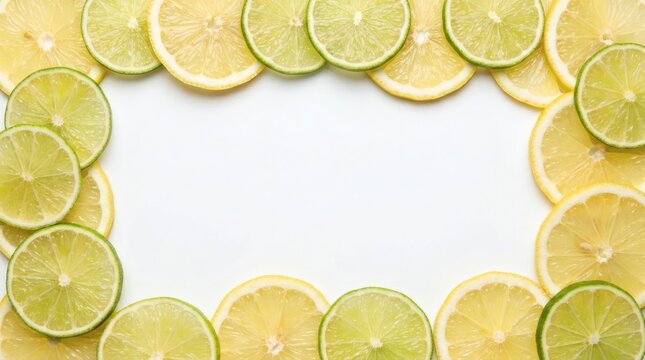 Fresh yellow lemon and green lime slices arranged as a frame border on a bright white surface