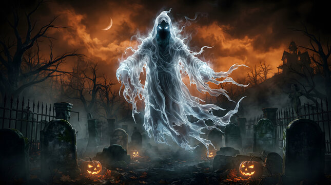 Ethereal ghost floating above a spooky foggy cemetery with glowing orange pumpkins under a dark night sky during halloween night