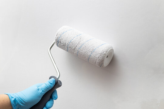 Hand in blue glove holding paint roller against white wall