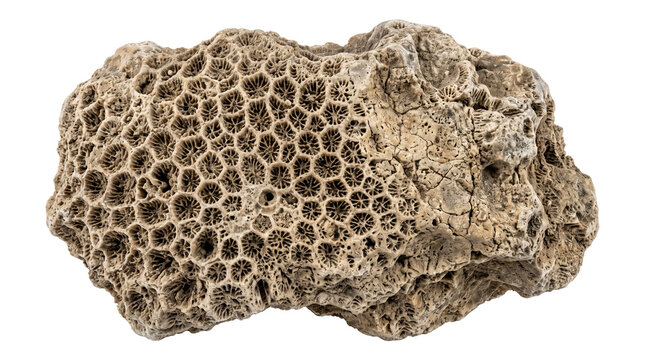 Intricate porous structure of an ancient fossilized coral head showing a complex geometric honeycomb matrix
