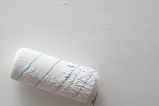 Hand in blue glove holding paint roller against white wall