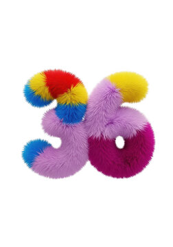 Number thirty six made of colorful fluffy yarn pom poms