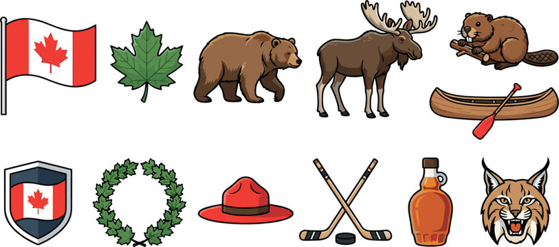 Canada National Symbols Vector Set Featuring Flag Maple Leaf Grizzly Bear Moose Beaver Canoe Mountie Hat Hockey Sticks and Maple Syrup Icons