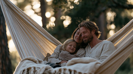 Obraz premium Wildlife photographer parents with a child in a hammock suspended between forest oaks, family unit in a hospital sensory garden, nature therapy session, long lens resting on a