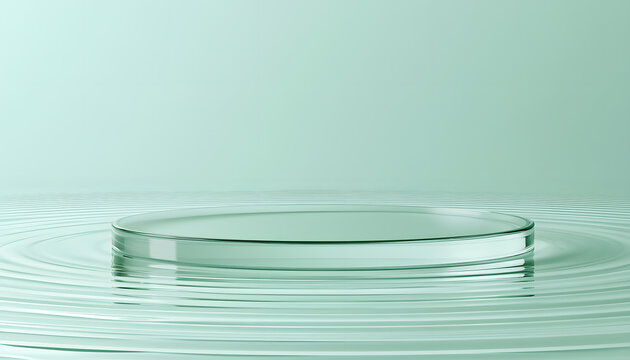 An illustration featuring a clear glass podium with a water ripple and reflection on a mint green background