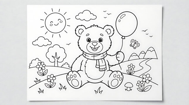 Cute teddy bear holding a balloon in a sunny landscape for children coloring book page activity
