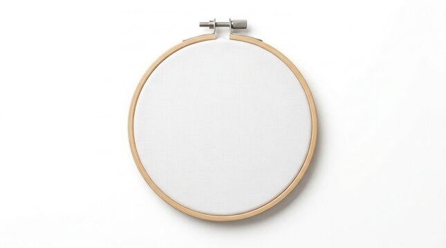 Embroidery hoop made of wood with canvas fabric isolated on white background