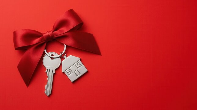 Red background with space for text and a new house key with ribbon bow, real estate concept