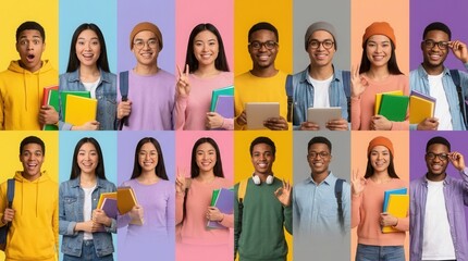 Obraz premium Student collage with a variety of young people on colorful backgrounds