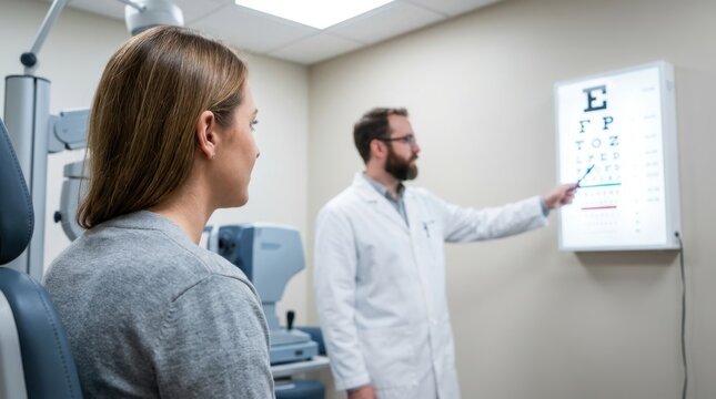 Optometrist pointing at eye chart for female patient during vision exam in ophthalmology clinic.