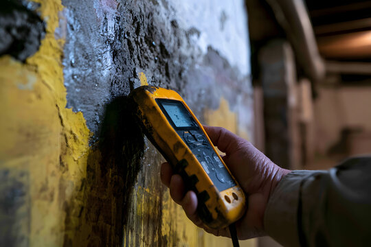 A closer look at a moisture meter in action on a damp basement wall with visible water damage highlights the stark difference of modern technology