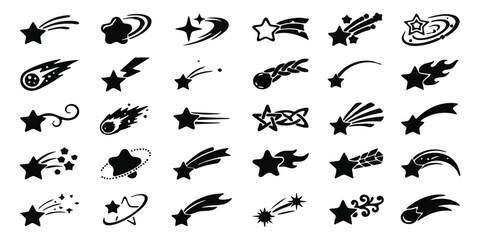 Collection of various black shooting star icon shapes. © Mamon