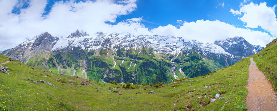 View of Mount Titlis and the glacier range from the Grotzliweg trail on Furenalp, switzerland