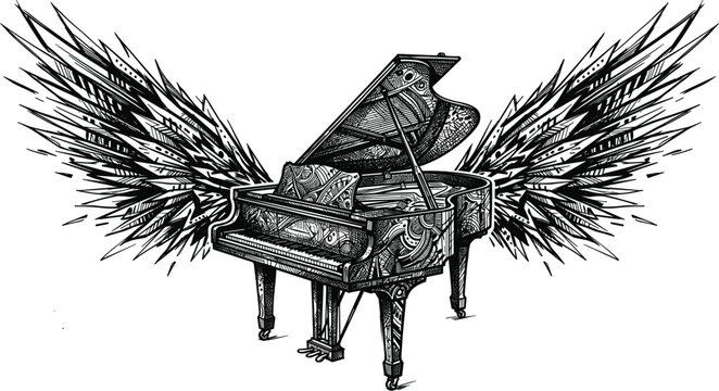 Surreal grand piano with large ornate sharp wings detailed musical instrument engraving for rock concert poster graphic vector