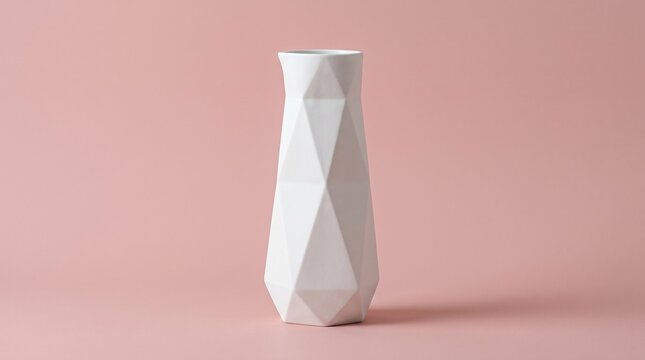 Minimalist white ceramic vase with a modern geometric faceted design isolated on a clean pastel pink background. Perfect for elegant home decor and stock design concepts.