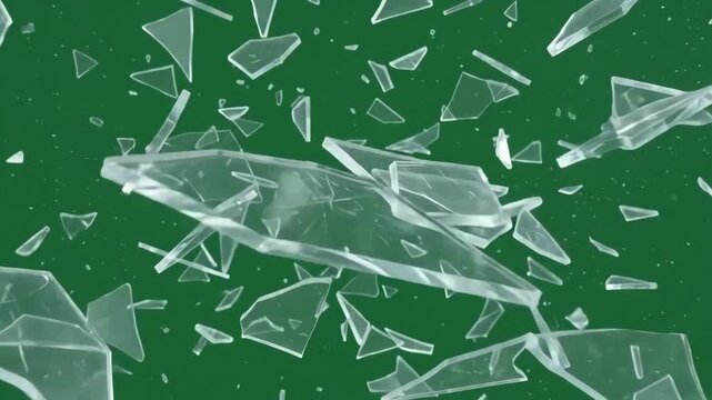 Jagged shards of broken glass flying and rotating slowly against a chroma key green background for visual effects compositing