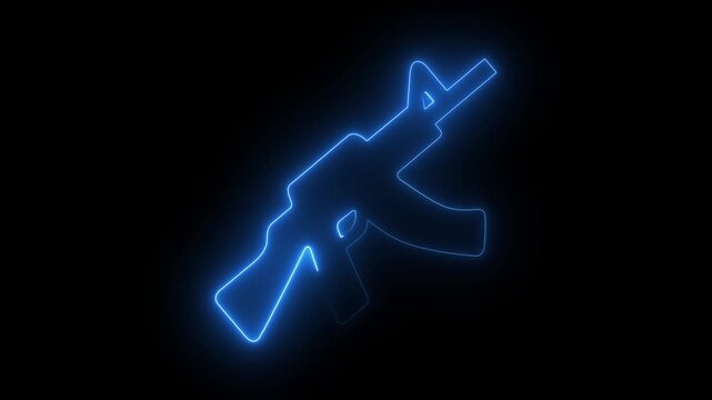 Glowing blue neon assault rifle icon. Digital military weapon symbol on black background.