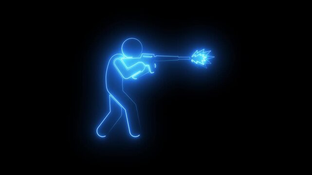 Glowing neon stick figure shooting a rifle. Digital silhouette of a soldier in combat action.