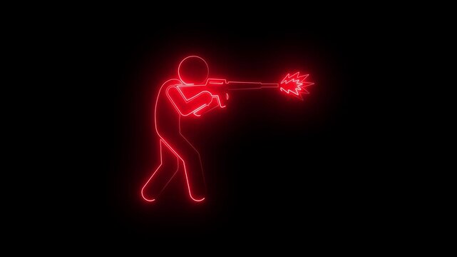 Glowing red neon stick figure shooting. Digital animation of a soldier firing a weapon.